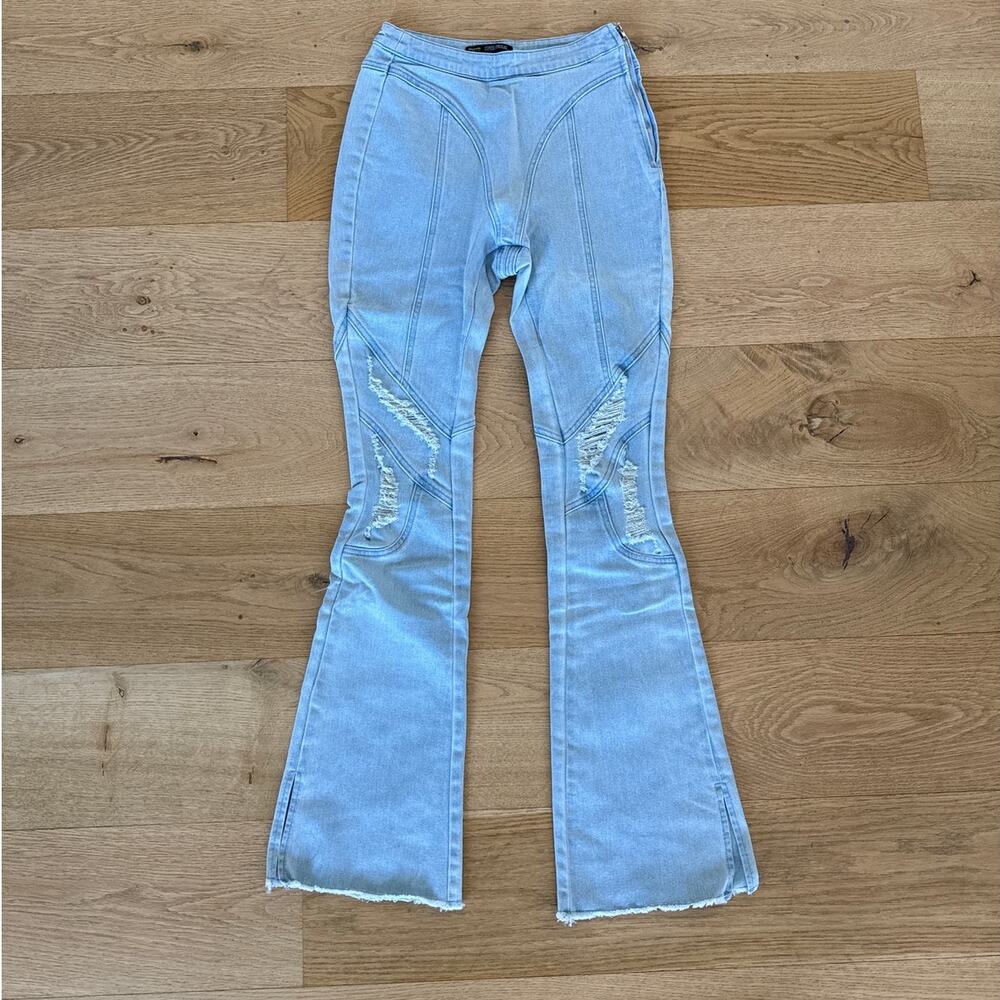 Finesse - Fray Design Split Hem Flare Jeans In Blue